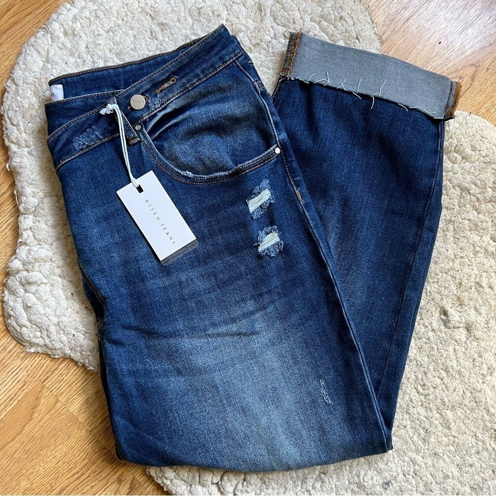 Risen Jeans Las Angeles Dark Denim Distressed Boyfriend Crossover Jeans Size 3X